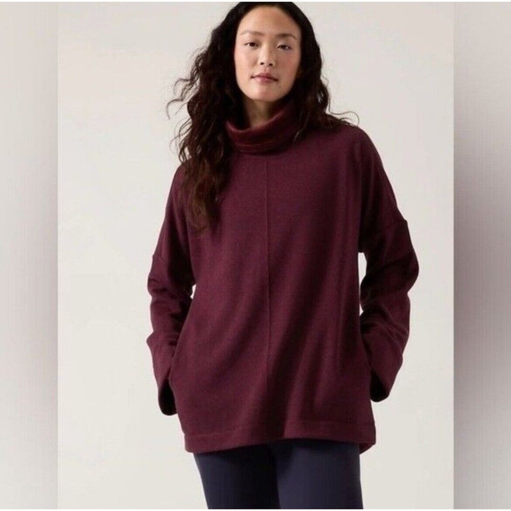 Athleta‎ Cozy Karma Funnel Neck Sweatshirt Fleece Burgundy Pullover Top, Size S
